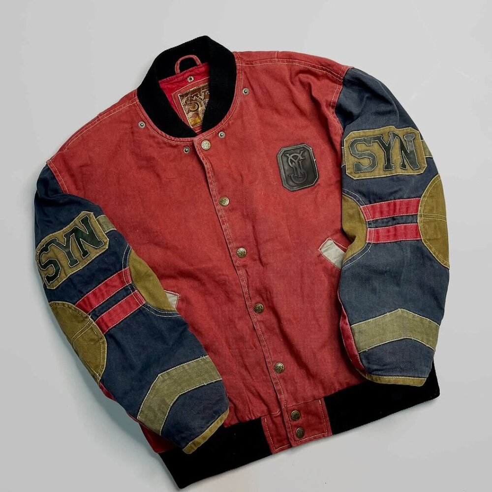 Vintage SYN Jeans Colorblock Denim Varsity Bomber Jacket - L